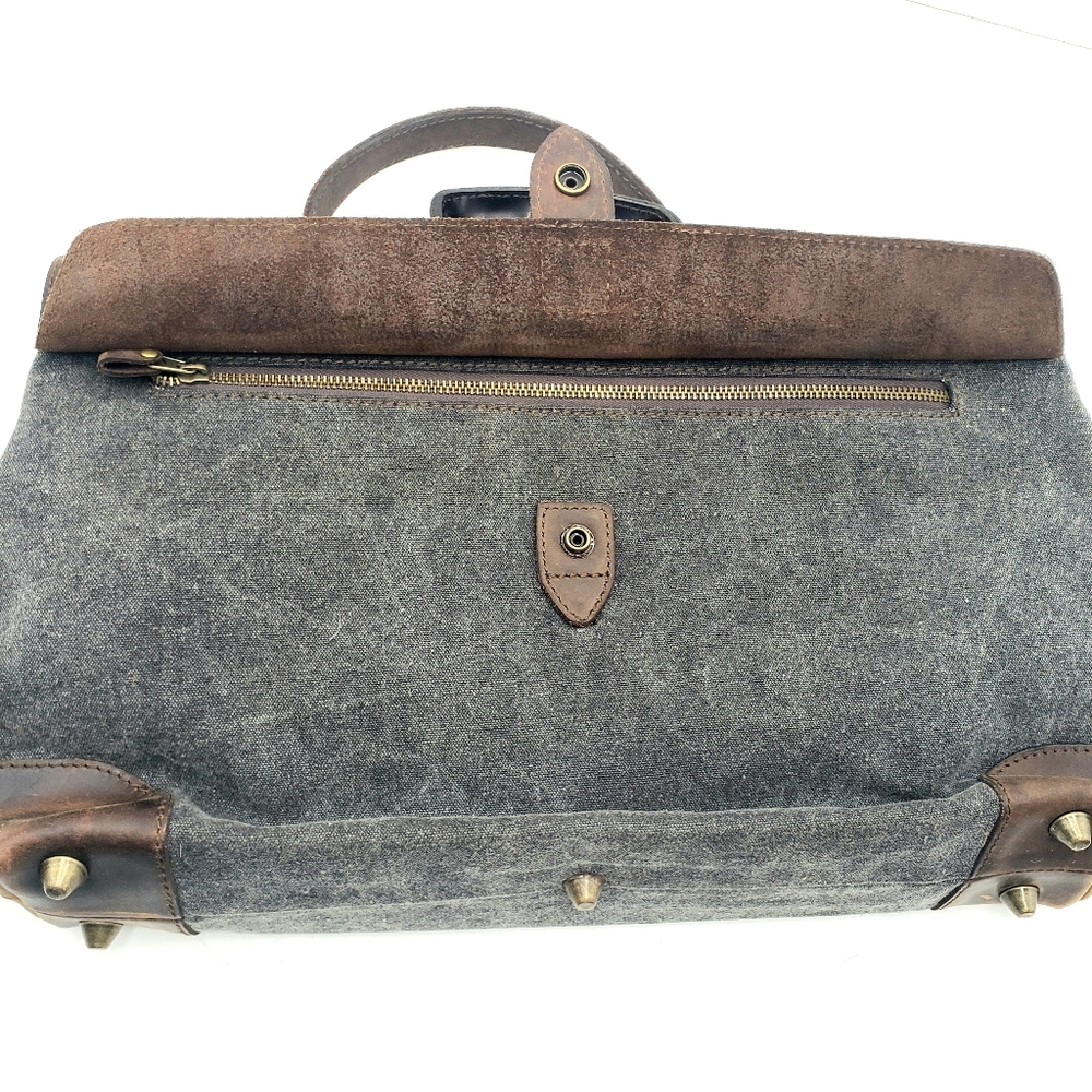Cosset Calf Leather Canvas Messenger Bag Mens Womens Brown Grey Unisex Studded - Picture 10 of 16